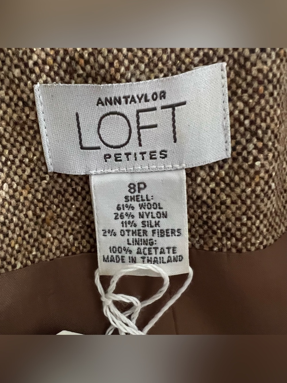 🍂 Vtg Ann Taylor Loft 2 pc Lined Brown Tweed Wool Skirt Suit w Belt Sz 8 Petite - Picture 12 of 13